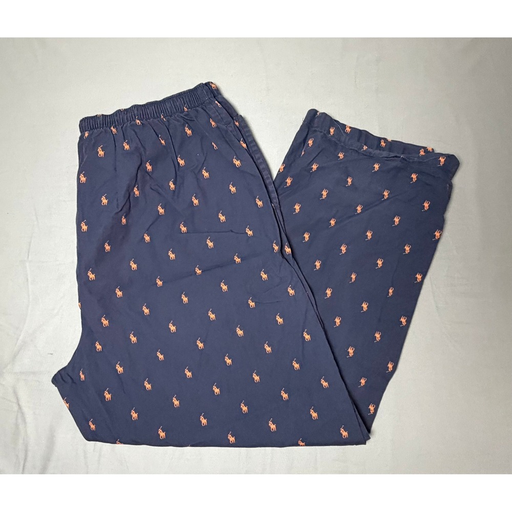 Polo Ralph Lauren Mens XL Pajama Pants Navy Blue Orange Pony Logo Cotton Sleep